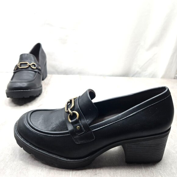 WM Platform Loafers 10 Black Faux Leather Y2K Retro Academia Preppy Chunky Shoes - Picture 1 of 12